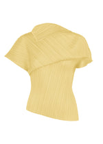 The LEAP by PLEATS PLEASE ISSEY MIYAKE is a yellow, short-sleeved top with pleated texture, an asymmetrical silhouette, and striking draped, structured details at the neckline and hem. - PALE YELLOW （no.50）