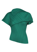 The LEAP top by PLEATS PLEASE ISSEY MIYAKE features emerald green pleated fabric, a short-sleeved asymmetrical silhouette, diagonal neckline, and an angular collar for a structured yet fluid look. - FOREST GREEN （no.57）