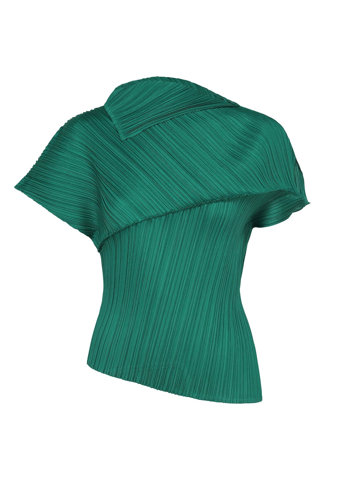 Zoomed view The LEAP top by PLEATS PLEASE ISSEY MIYAKE features emerald green pleated fabric, a short-sleeved asymmetrical silhouette, diagonal neckline, and an angular collar for a structured yet fluid look. - FOREST GREEN （no.57）