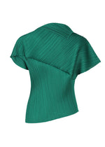 The LEAP top by PLEATS PLEASE ISSEY MIYAKE is a green, short-sleeved, collared piece with an asymmetrical silhouette and diagonal and vertical pleats, shown from the back.