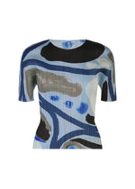 The ROLL top by PLEATS PLEASE ISSEY MIYAKE is a short-sleeved, fitted round-neck shirt with pleated texture and an abstract colorful pattern in blue, black, gray, and white, shown on a white background. - LIGHT BLUE （no.70）