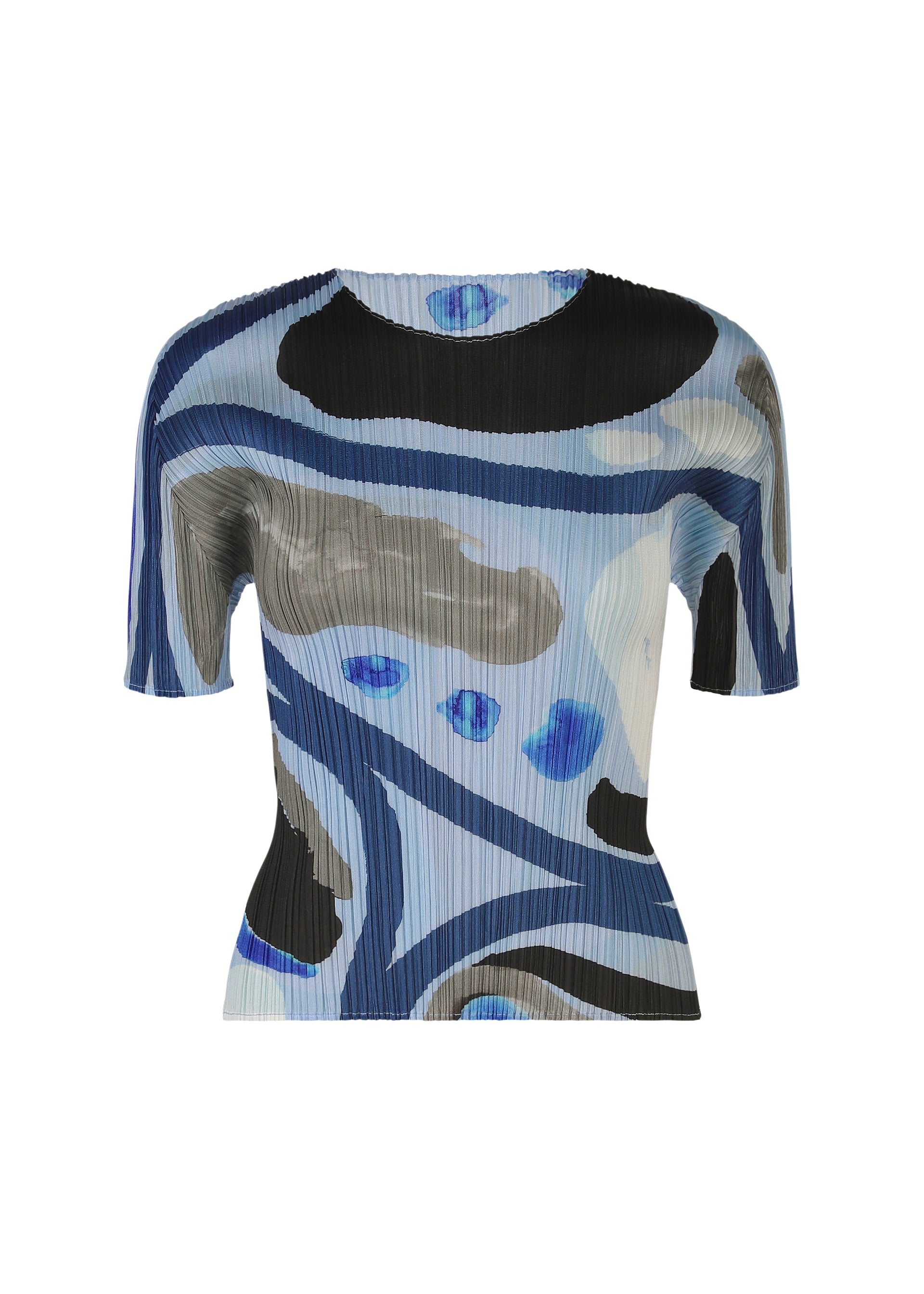 Zoomed view The ROLL top by PLEATS PLEASE ISSEY MIYAKE is a short-sleeved, fitted round-neck shirt with pleated texture and an abstract colorful pattern in blue, black, gray, and white, shown on a white background. - LIGHT BLUE （no.70）