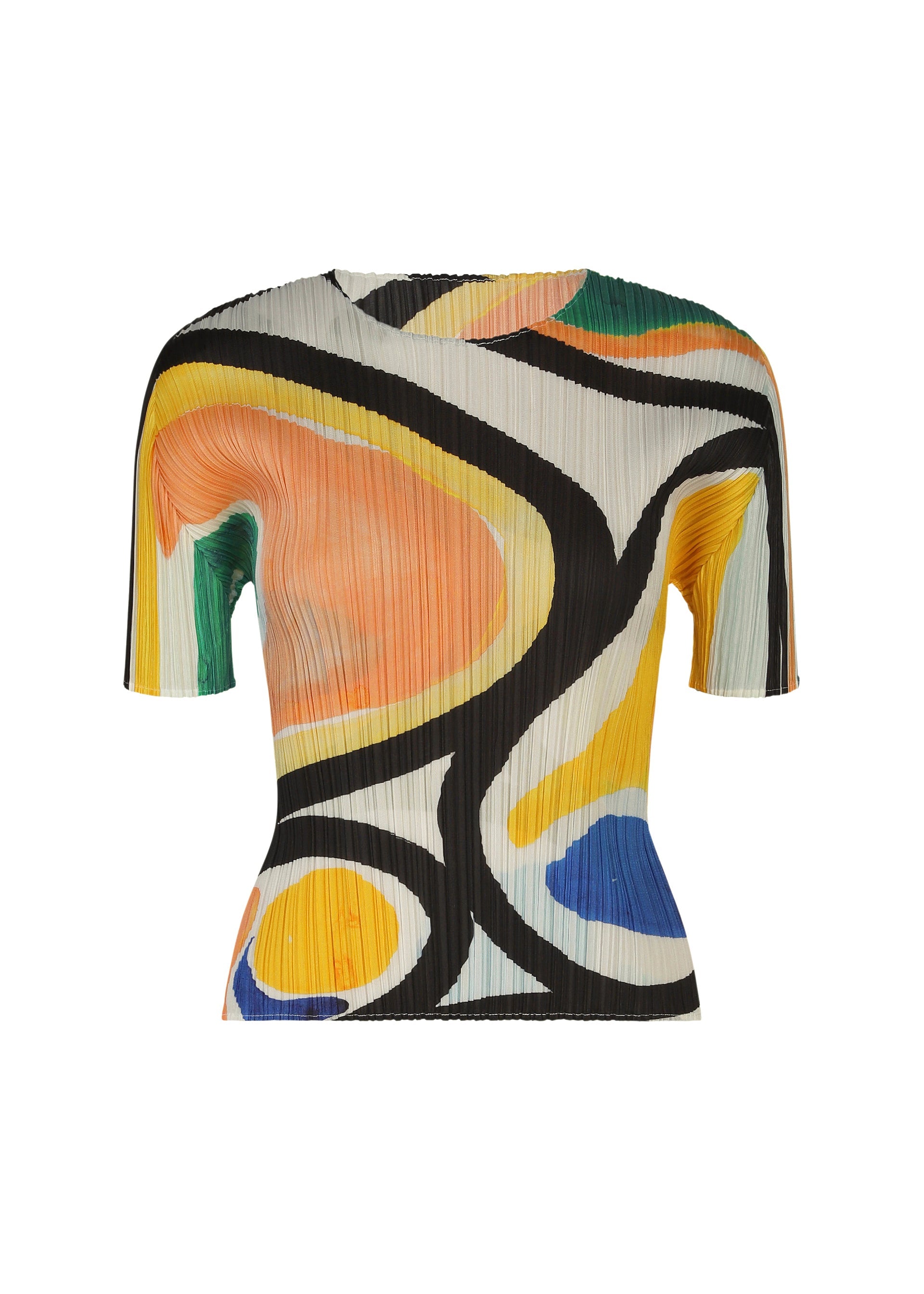 Zoomed view The ROLL top by PLEATS PLEASE ISSEY MIYAKE features short sleeves, a round neck, and bold black lines with yellow, orange, green, and blue accents on white. Pleated details add textured dimension to this vibrant printed piece. - MULTI （no.94）