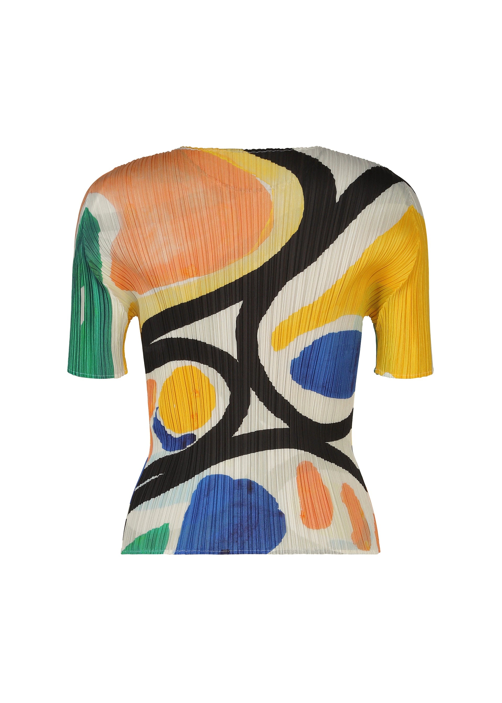 Zoomed view The ROLL top by PLEATS PLEASE ISSEY MIYAKE is a fitted, short-sleeve, round-neck piece with pleated texture and a vibrant yellow, orange, blue, green, and black pattern on a white background.