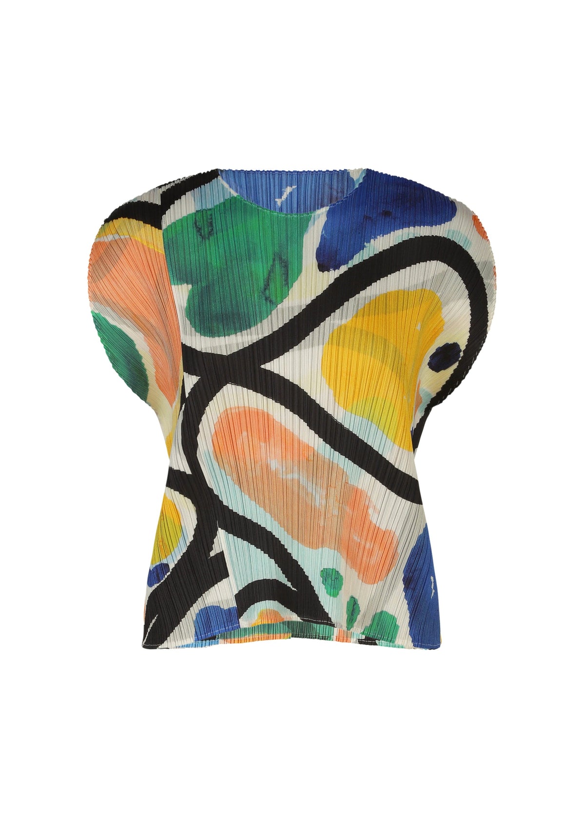 The ROLL top by PLEATS PLEASE ISSEY MIYAKE is a short-sleeved, pleated round-neck piece featuring a vibrant abstract print with bold black lines and green, blue, orange, and yellow shapes on white. view 2 of 8