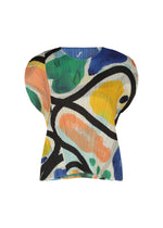 The ROLL top by PLEATS PLEASE ISSEY MIYAKE is a short-sleeved, pleated round-neck piece featuring a vibrant abstract print with bold black lines and green, blue, orange, and yellow shapes on white. - MULTI （no.94）