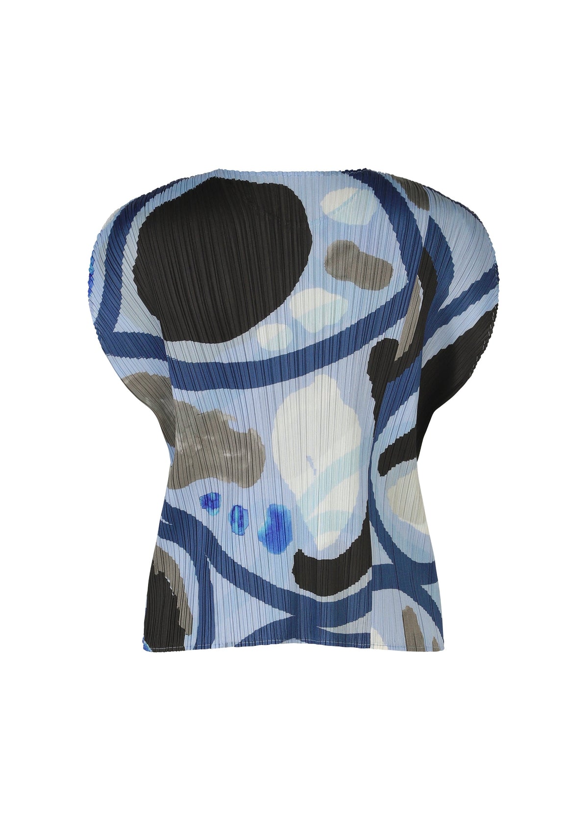 The ROLL top by PLEATS PLEASE ISSEY MIYAKE features a sculptural round neck, short sleeves, and wide structured shoulders. Its pleated fabric showcases an abstract blue, black, white, and gray pattern against a white backdrop. view 3 of 8