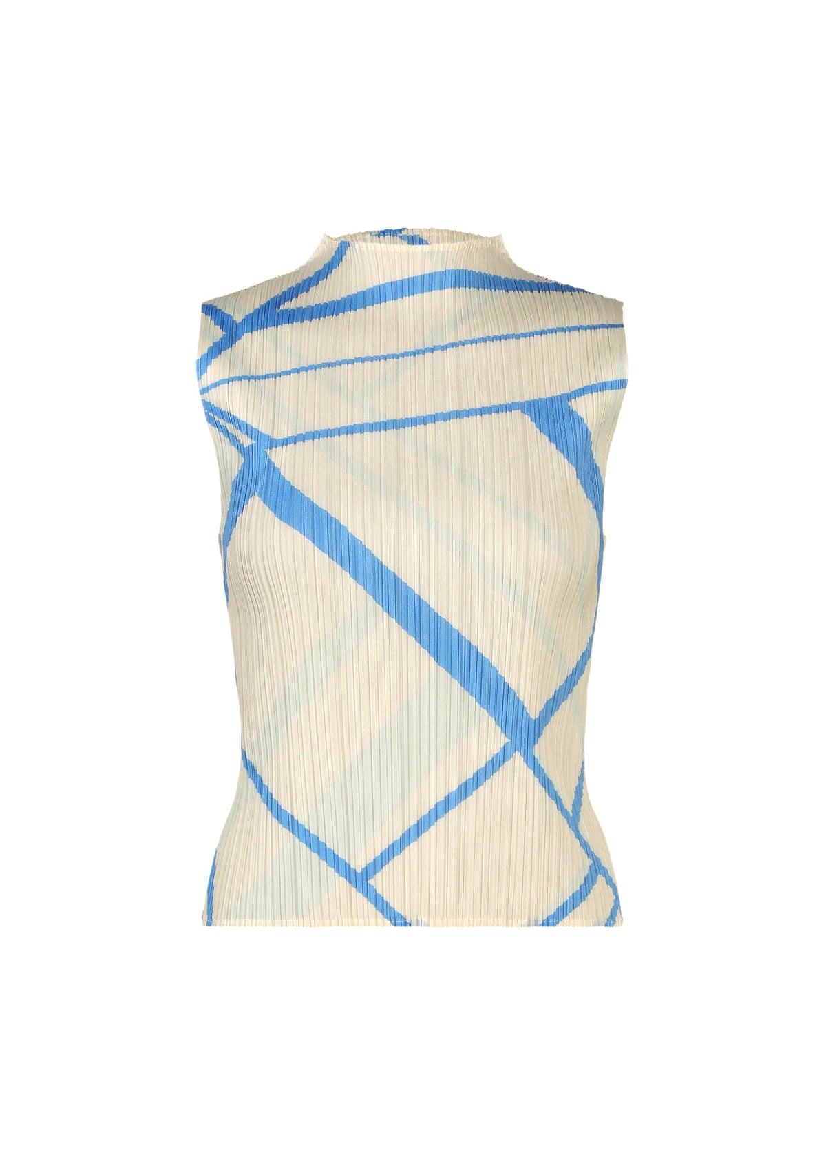 The FOLD LINE top by PLEATS PLEASE ISSEY MIYAKE is a sleeveless, cream-colored high-neck piece with a minimalist design, featuring intersecting light blue and dark blue diagonal wrapping patterns across its pleated fabric. The pleated texture adds subtle depth, and the top is shown against a plain white background. view 1 of 7