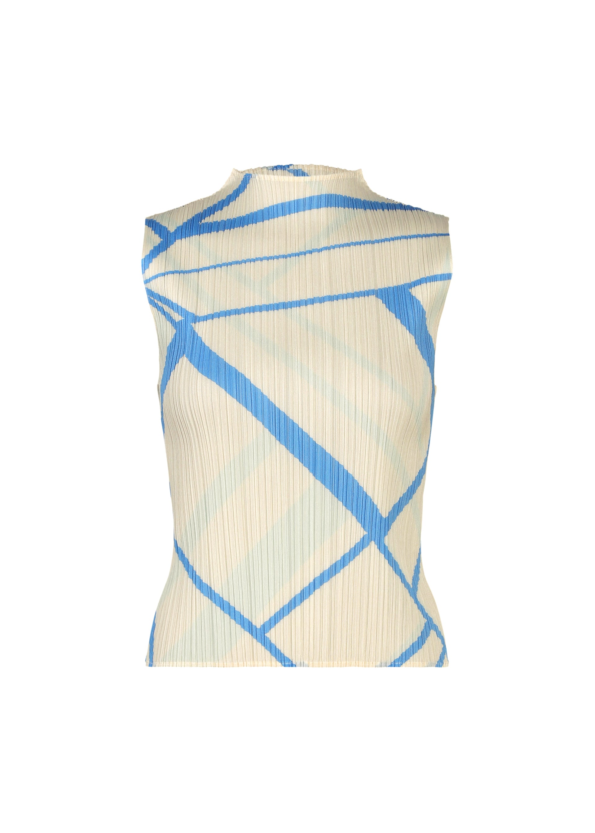 Zoomed view The FOLD LINE top by PLEATS PLEASE ISSEY MIYAKE is a sleeveless, cream-colored high-neck piece with a minimalist design, featuring intersecting light blue and dark blue diagonal wrapping patterns across its pleated fabric. The pleated texture adds subtle depth, and the top is shown against a plain white background. - OFF WHITE （no.02）