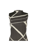 The FOLD LINE top by PLEATS PLEASE ISSEY MIYAKE is a sleeveless, high-neck black piece with a pleated texture and minimalist design, featuring white abstract diagonal and horizontal lines that create a subtle diagonal wrapping pattern; shown on a plain white background. - CHARCOAL （no.17）