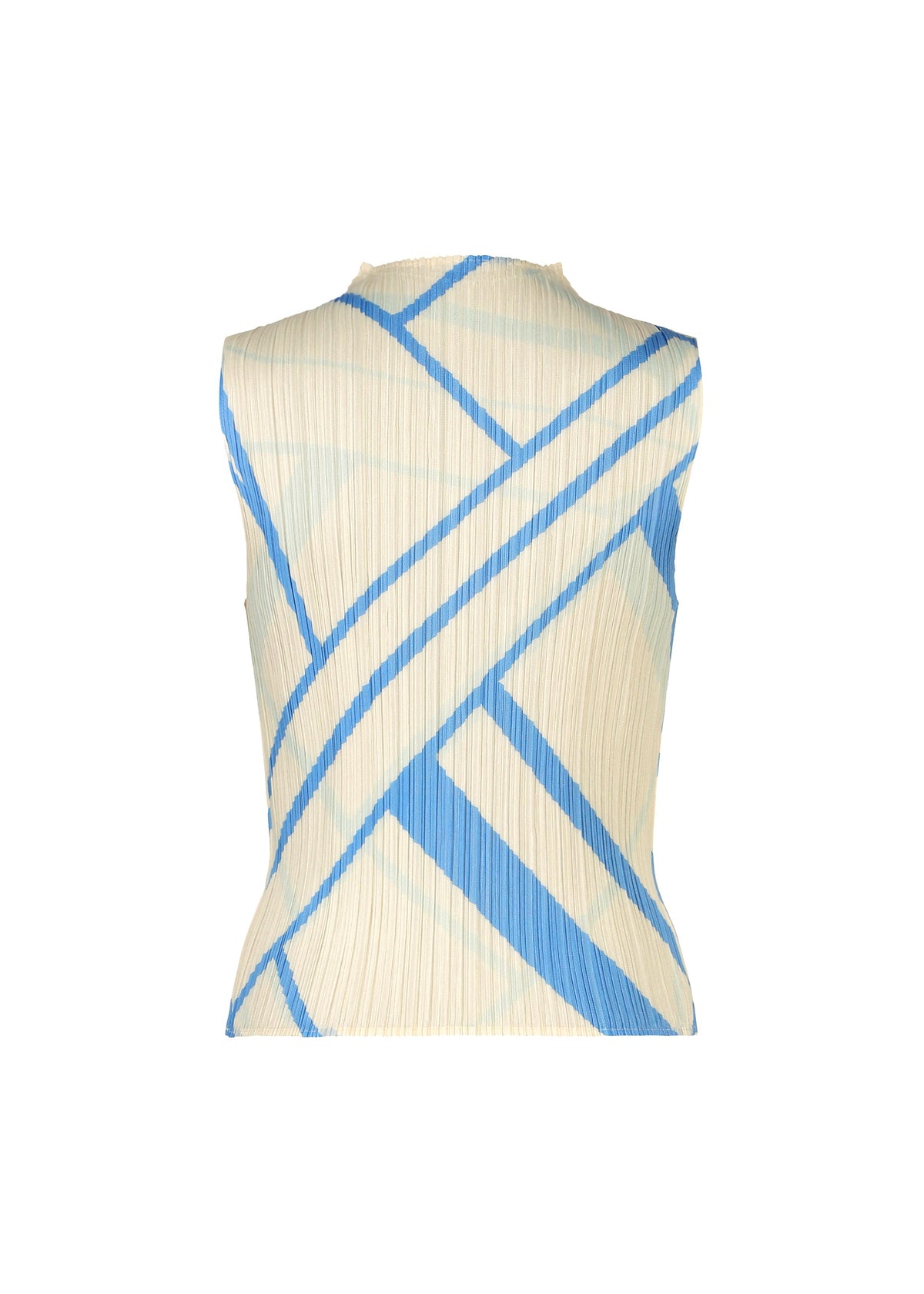 The FOLD LINE sleeveless top by PLEATS PLEASE ISSEY MIYAKE features a pleated texture and a cream base with diagonal blue geometric stripes that wrap across the design. Showcasing a minimalist high-neck silhouette, the back of this garment is displayed against a white background. view 3 of 7