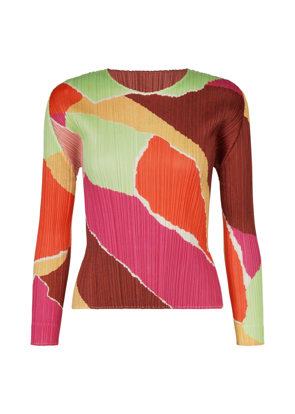 The SURPRISE! top by PLEATS PLEASE ISSEY MIYAKE features a round neckline and long sleeves, adorned with pleats and an abstract print in vibrant shades of pink, green, orange, red, and yellow. Its unique design showcases irregular, overlapping shapes reminiscent of torn paper. view 1 of 7