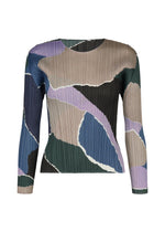 The SURPRISE! long-sleeve top by PLEATS PLEASE ISSEY MIYAKE features a vibrant multicolor pattern in shades of blue, black, tan, and purple. This round-neck design showcases irregular overlapping shapes and a fitted silhouette for a distinctive and eye-catching look. - PURPLE （no.81）