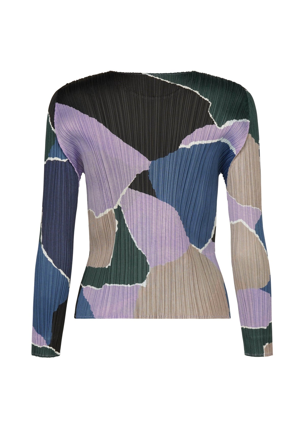 Introducing the SURPRISE! top from PLEATS PLEASE ISSEY MIYAKE—a round-neck, long-sleeved shirt featuring signature pleats and an abstract, multicolored geometric pattern in black, green, purple, blue, tan, and beige. Its bold irregular shapes and vibrant color blocks make this unique piece a standout in any wardrobe. view 3 of 7
