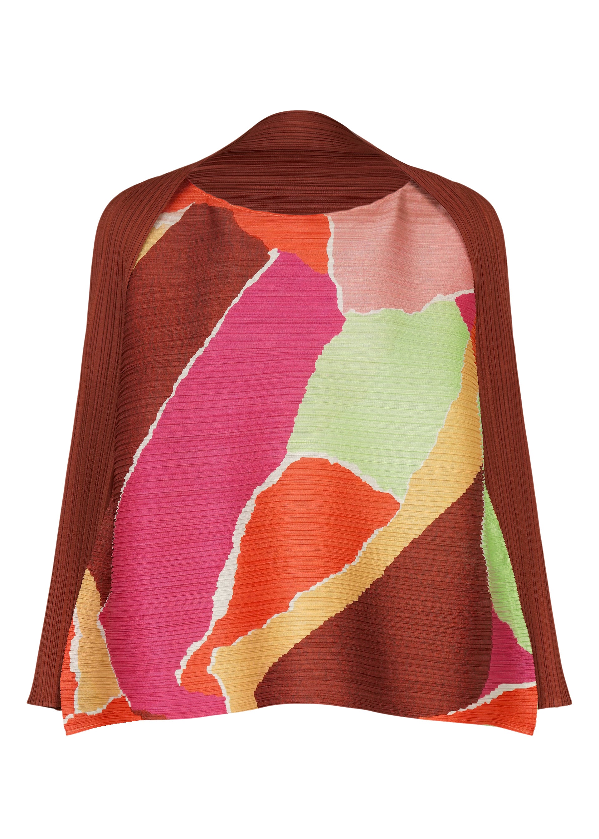 Zoomed view The SURPRISE! cape by PLEATS PLEASE ISSEY MIYAKE showcases a pleated texture with bold abstract patterns in pink, orange, red, green, and brown, complemented by solid brown pleated sides and collar. - ORANGE （no.32）