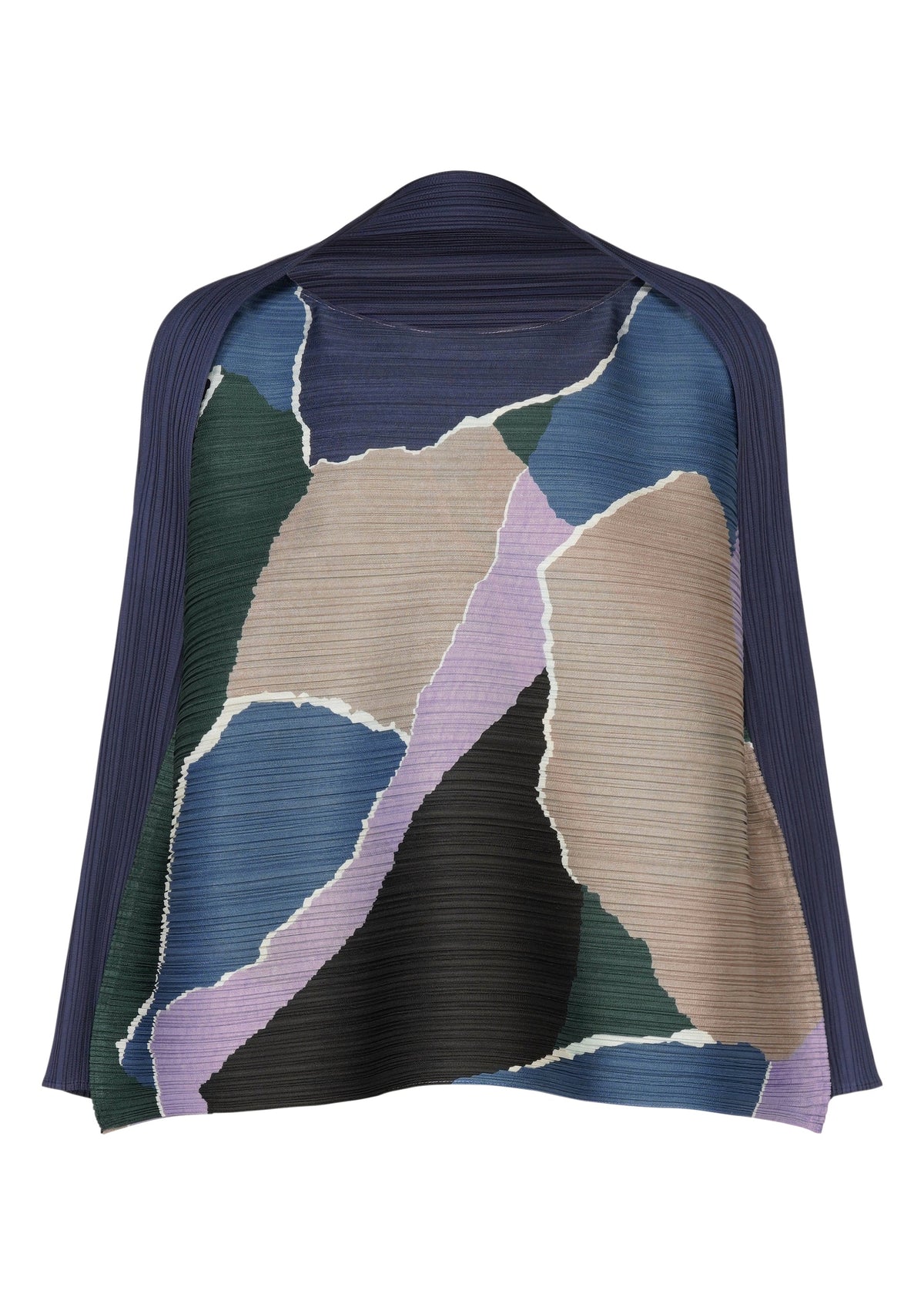 The SURPRISE! cape by PLEATS PLEASE ISSEY MIYAKE features a distinctive pleated design with an abstract patchwork pattern in blue, black, beige, purple, and green tones. Its colorful motif is accentuated by jagged, torn-like shapes and framed with a dark blue collar. view 2 of 7