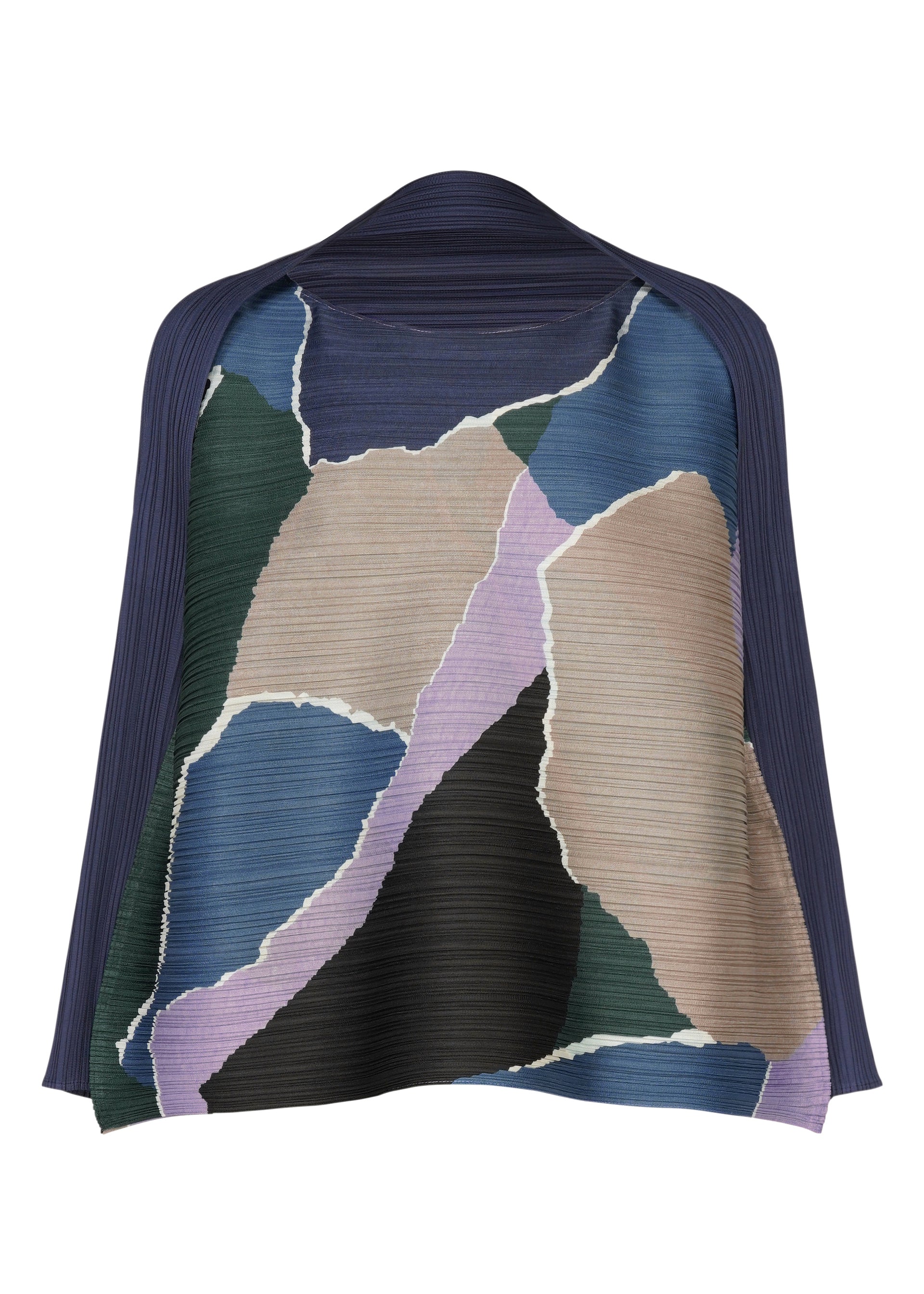 Zoomed view The SURPRISE! cape by PLEATS PLEASE ISSEY MIYAKE features a distinctive pleated design with an abstract patchwork pattern in blue, black, beige, purple, and green tones. Its colorful motif is accentuated by jagged, torn-like shapes and framed with a dark blue collar. - PURPLE （no.81）