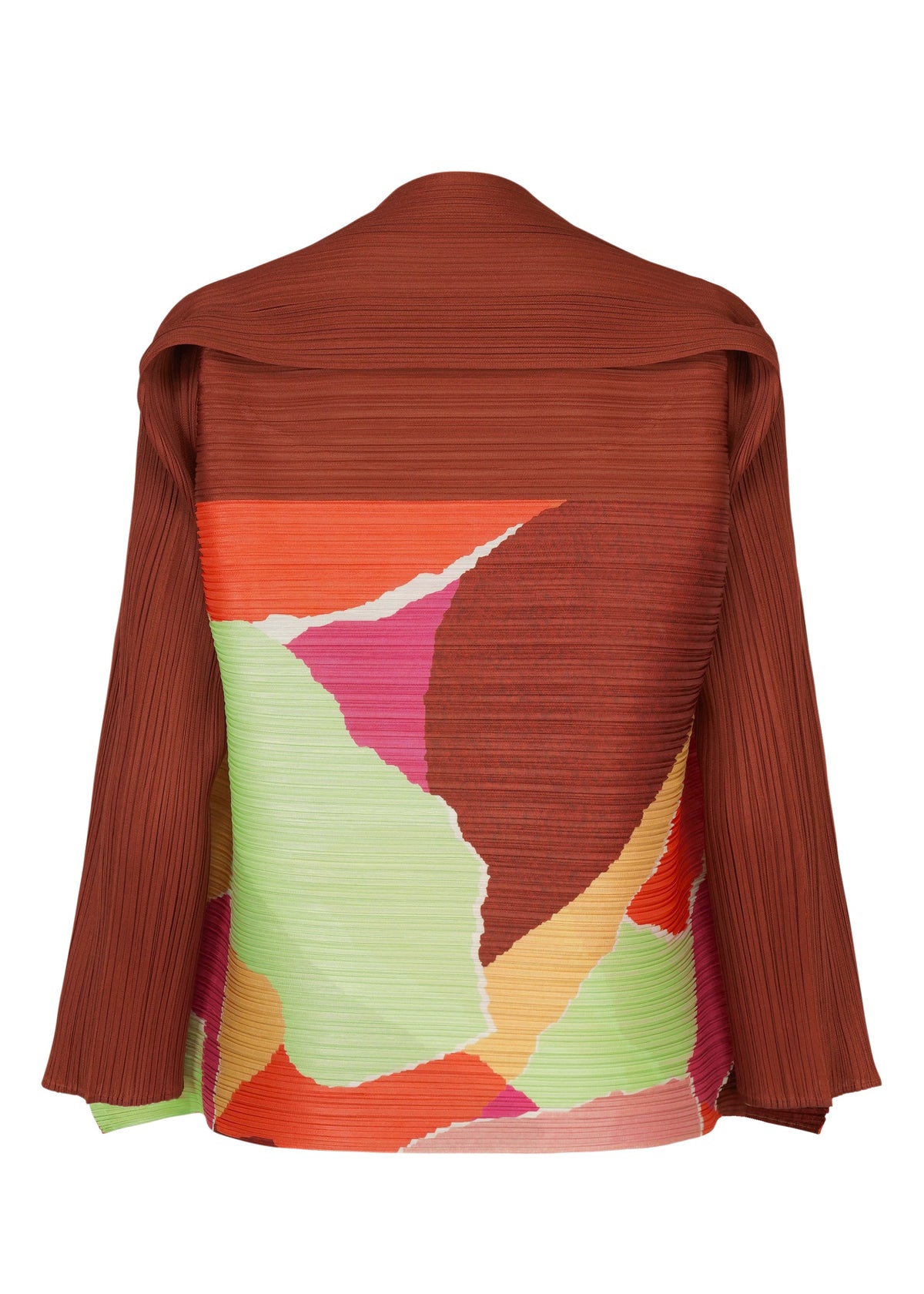 The SURPRISE! jacket by PLEATS PLEASE ISSEY MIYAKE is a long-sleeved piece with a ribbed texture, featuring abstract, torn-paper-inspired color blocks in brown, red, green, orange, and pink on the back that form a vibrant pattern and highlight its distinctive design. view 3 of 7