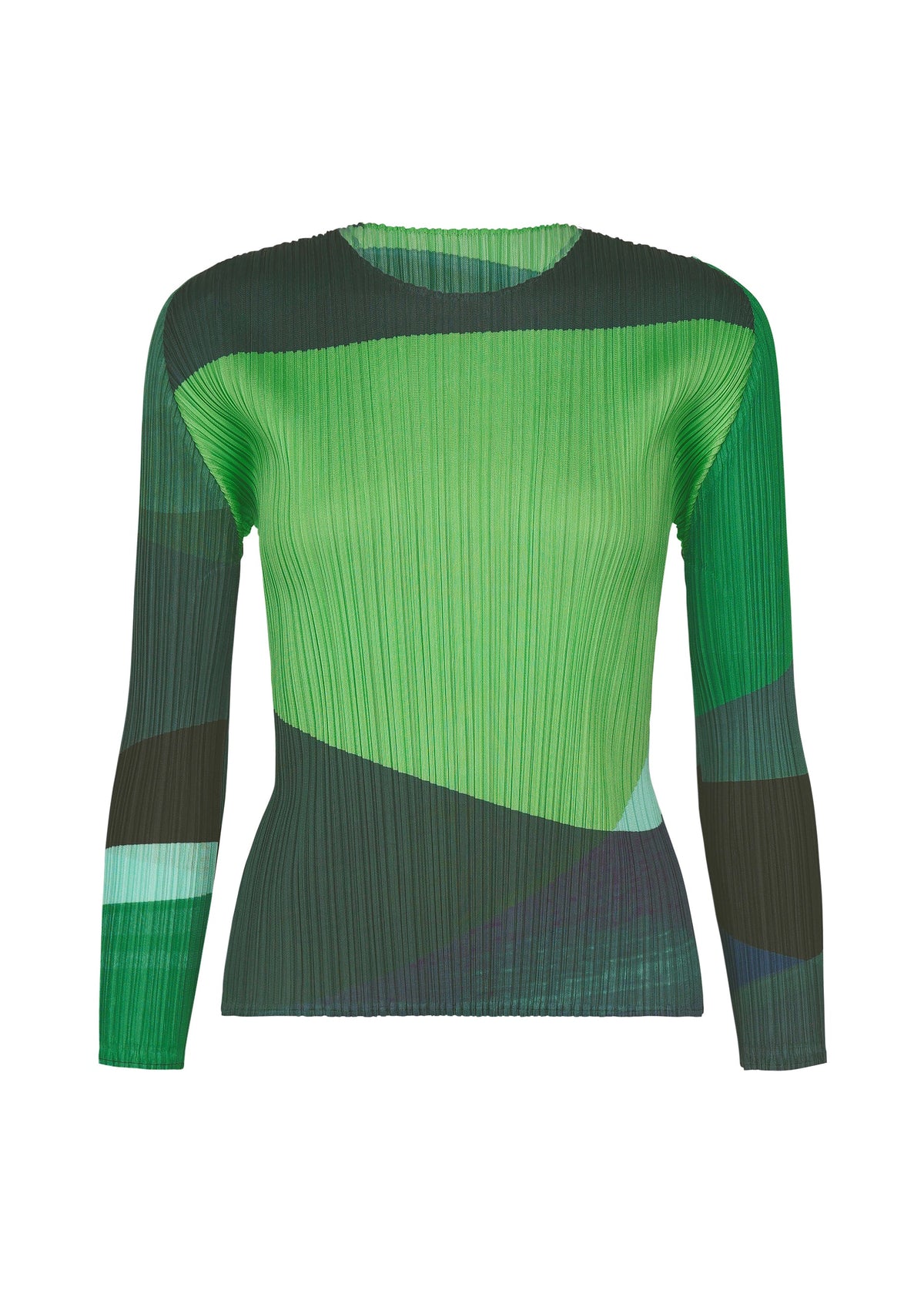 Zoomed view The ORBIT top by PLEATS PLEASE ISSEY MIYAKE is a long-sleeved, pleated round-neck style featuring sheer green and dark blue geometric color blocks, shown on a white background. - GREEN （no.62）