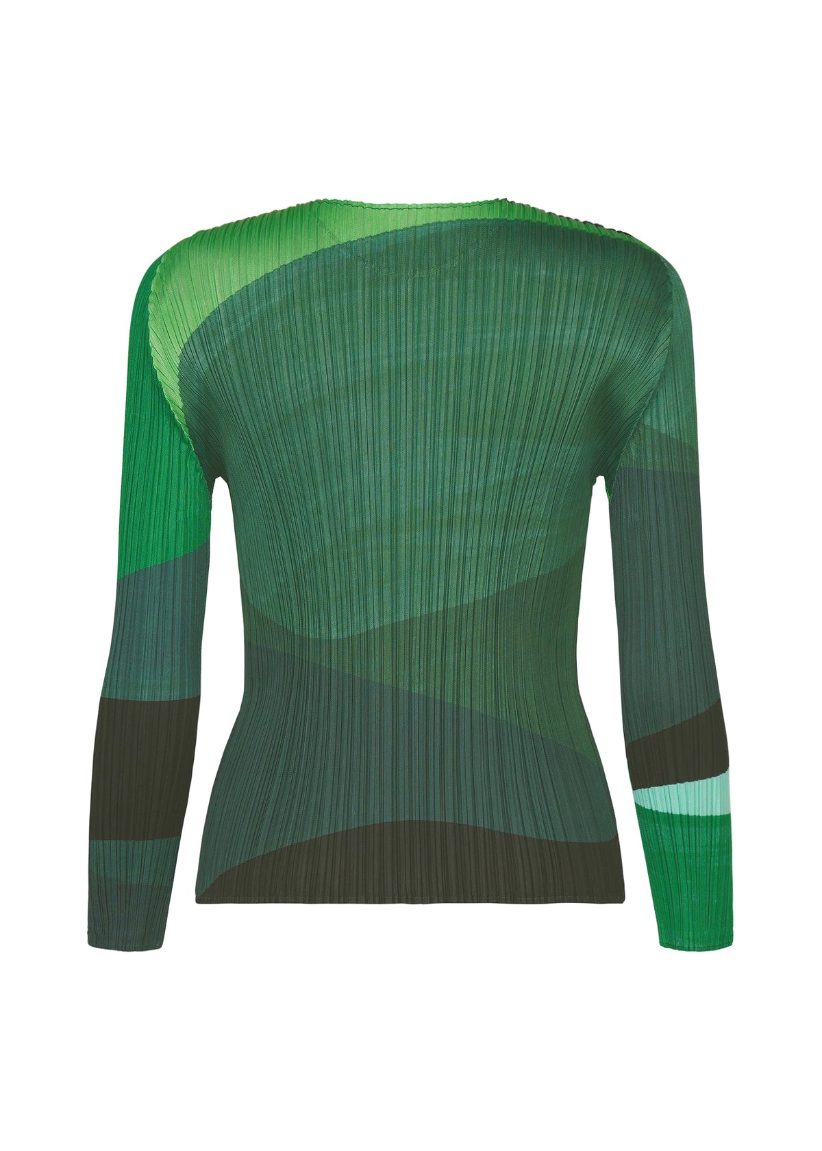 The ORBIT top by PLEATS PLEASE ISSEY MIYAKE features sheer green tones with dark accents, a fitted silhouette, and an abstract wave pattern. Displayed on a white background. view 3 of 7