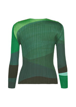 The ORBIT top by PLEATS PLEASE ISSEY MIYAKE features sheer green tones with dark accents, a fitted silhouette, and an abstract wave pattern. Displayed on a white background.