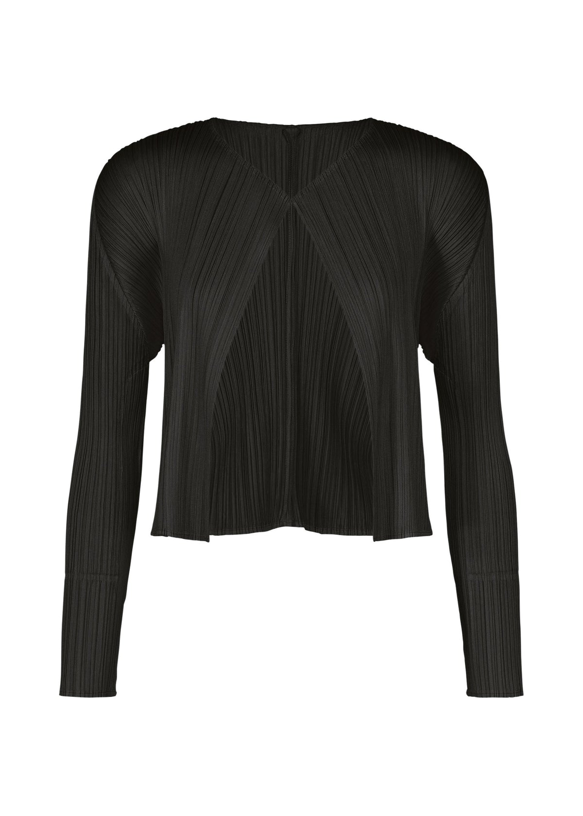 Introducing the MONTHLY COLORS : SEPTEMBER blouse by PLEATS PLEASE ISSEY MIYAKE—a black, long-sleeved, pleated top featuring a cropped hem and geometric front pattern formed by signature pleating. The round neckline and slightly sheer fabric in gentle tones make it easy to layer under your favorite cardigan or style with seasonal colors. view 1 of 10