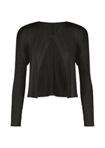 Introducing the MONTHLY COLORS : SEPTEMBER blouse by PLEATS PLEASE ISSEY MIYAKE—a black, long-sleeved, pleated top featuring a cropped hem and geometric front pattern formed by signature pleating. The round neckline and slightly sheer fabric in gentle tones make it easy to layer under your favorite cardigan or style with seasonal colors. - BLACK （no.15）
