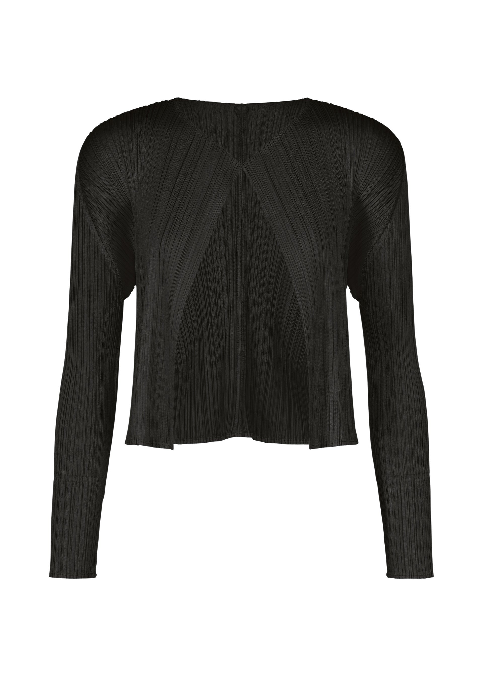 Zoomed view Introducing the MONTHLY COLORS : SEPTEMBER blouse by PLEATS PLEASE ISSEY MIYAKE—a black, long-sleeved, pleated top featuring a cropped hem and geometric front pattern formed by signature pleating. The round neckline and slightly sheer fabric in gentle tones make it easy to layer under your favorite cardigan or style with seasonal colors. - BLACK （no.15）