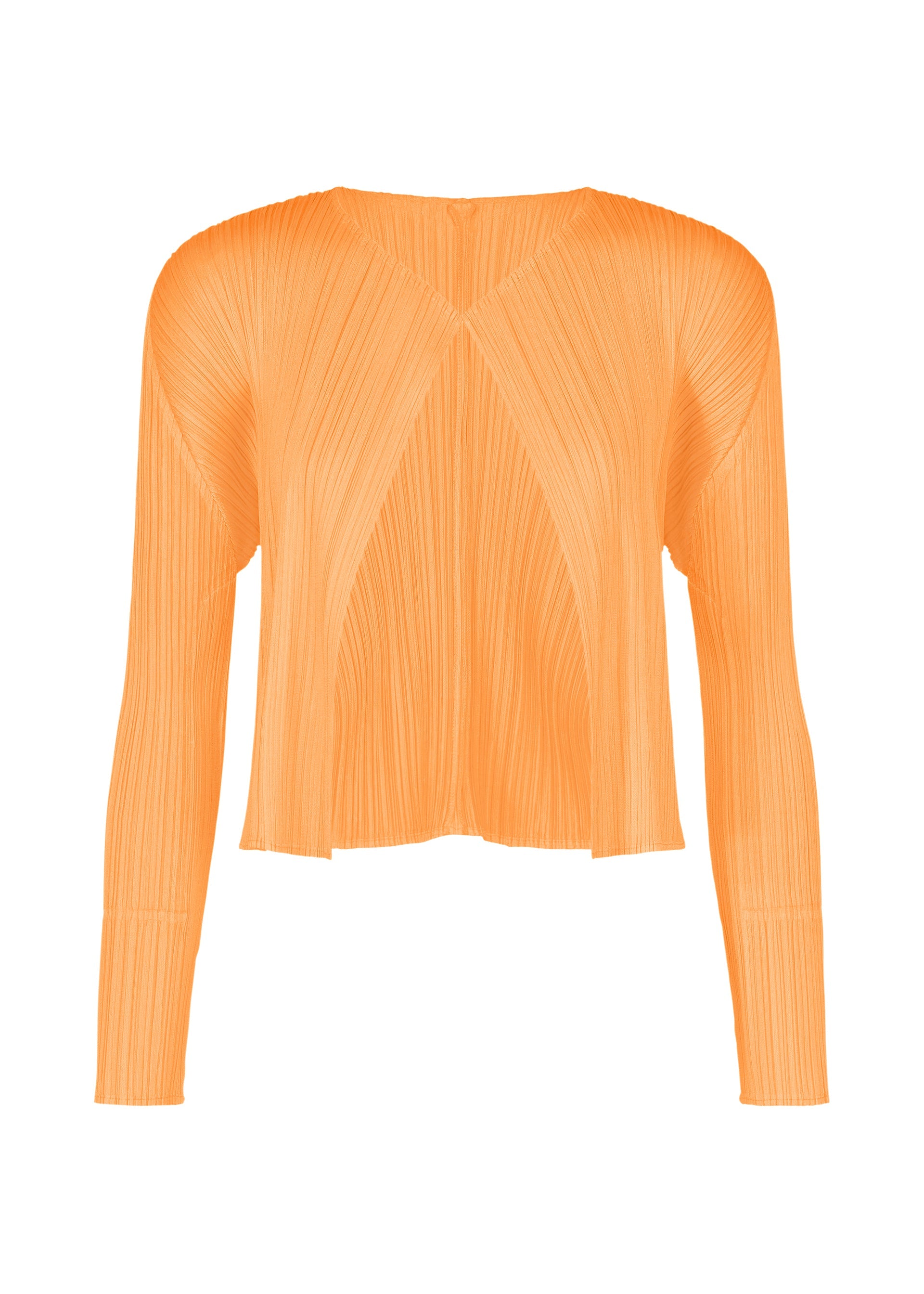 Zoomed view Experience the MONTHLY COLORS : SEPTEMBER blouse from PLEATS PLEASE ISSEY MIYAKE—a long-sleeved, light orange top crafted with a distinctive pleated texture and a slightly cropped, loose fit. This blouse features gentle seasonal tones, a round neckline, and unique diagonal seam detailing on the front. - NEON ORANGE （no.31）