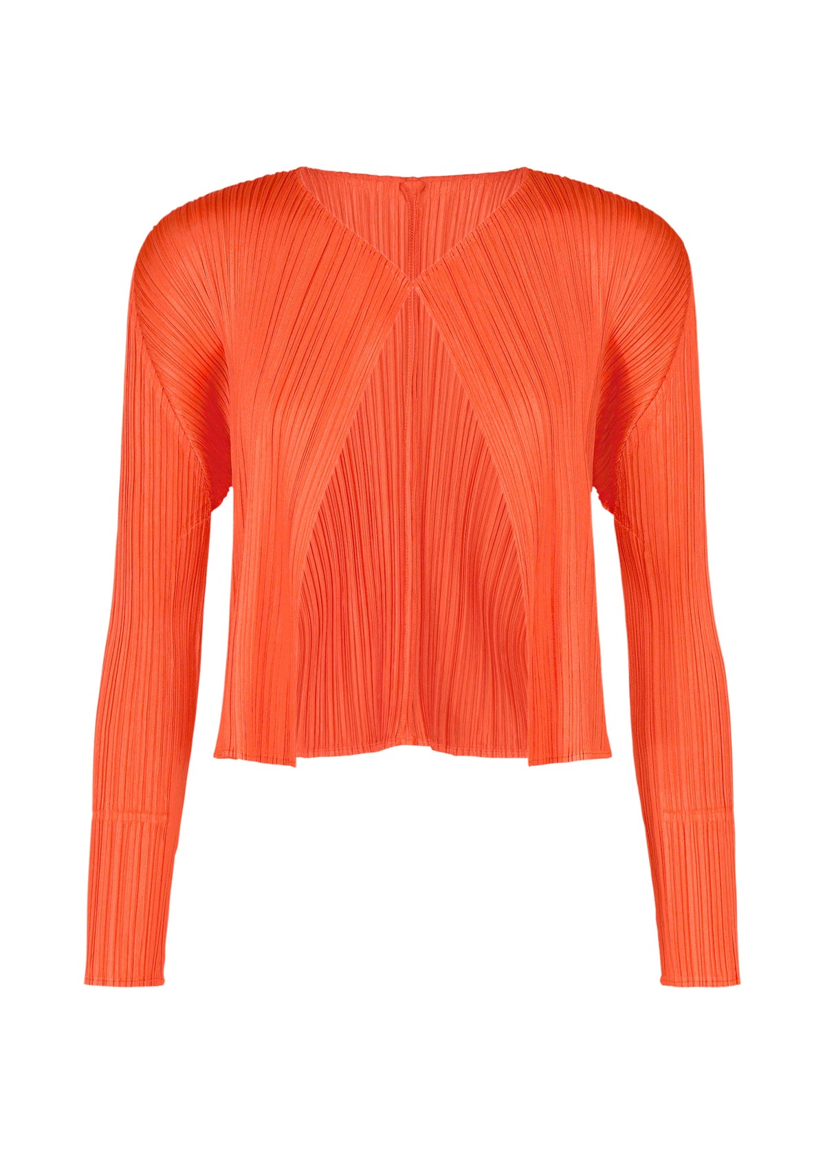 The MONTHLY COLORS : SEPTEMBER long-sleeve top by PLEATS PLEASE ISSEY MIYAKE features a vibrant orange hue, vertical pleats, V-shaped accents on the front, a slightly cropped hem, and a contemporary structured silhouette—ideal for introducing bold seasonal color to your wardrobe and layering seamlessly with your favorite cardigan. view 3 of 10