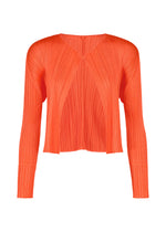 The MONTHLY COLORS : SEPTEMBER long-sleeve top by PLEATS PLEASE ISSEY MIYAKE features a vibrant orange hue, vertical pleats, V-shaped accents on the front, a slightly cropped hem, and a contemporary structured silhouette—ideal for introducing bold seasonal color to your wardrobe and layering seamlessly with your favorite cardigan. - ORANGE （no.32）
