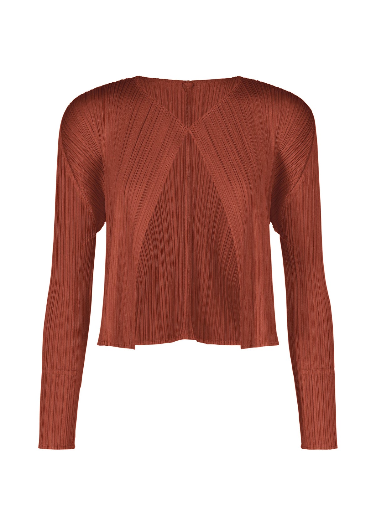 Discover the MONTHLY COLORS : SEPTEMBER blouse from PLEATS PLEASE ISSEY MIYAKE—a rust-toned, long-sleeve top with a round neckline and a slightly cropped, relaxed silhouette. Crafted from fabric with distinctive geometric pleat patterns, this piece offers a contemporary, textured aesthetic in soft hues. Effortlessly layered under your favorite cardigan, it combines comfort and style for any occasion. view 4 of 10