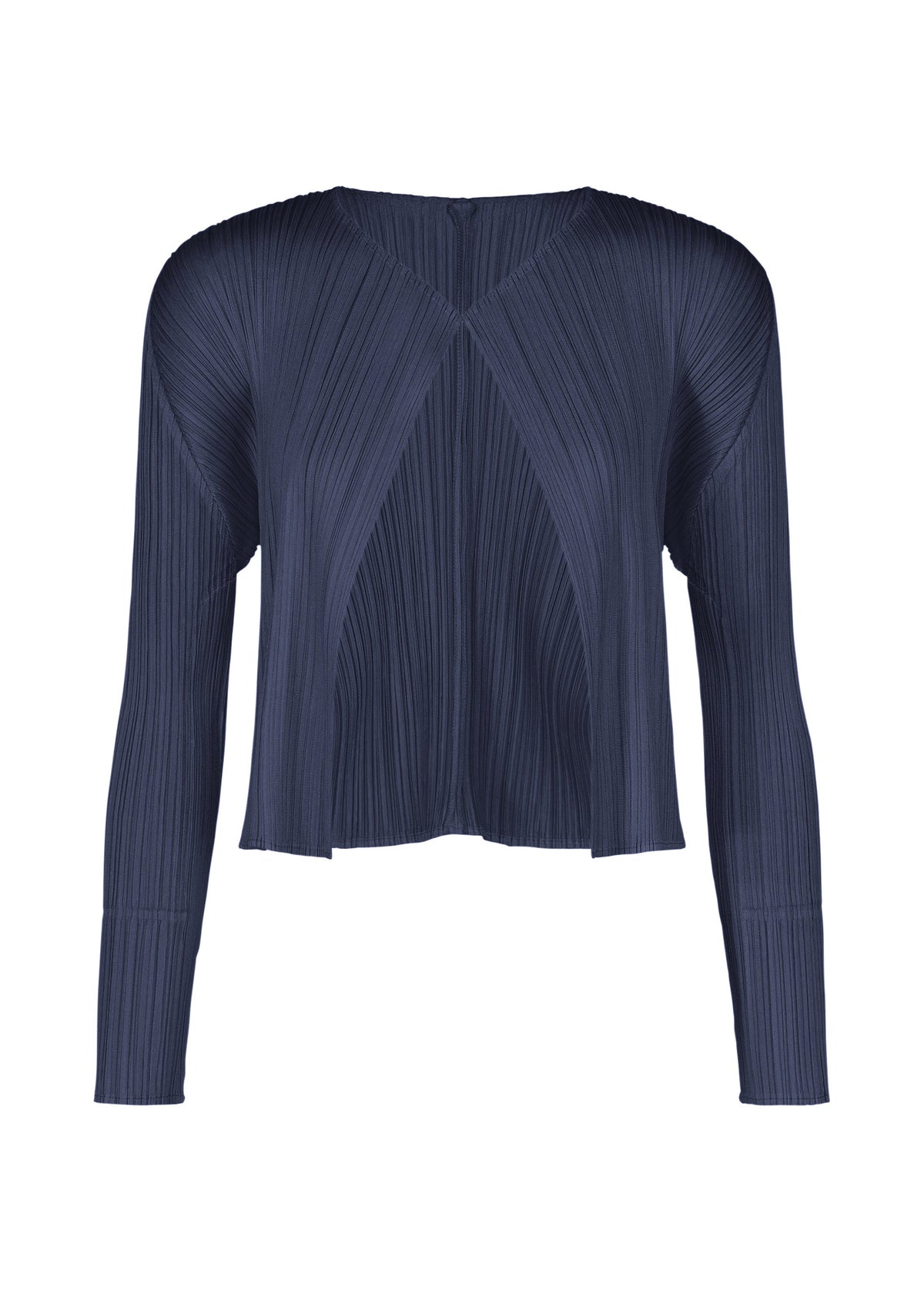Sure! Here’s a revised sentence using your product data: The MONTHLY COLORS : SEPTEMBER blouse from PLEATS PLEASE ISSEY MIYAKE features long sleeves, a navy blue hue, and a round neckline in a slightly cropped, boxy silhouette. Crafted with vertical and diagonal pleats for added texture and modern flair, it’s the perfect layering piece under your favorite cardigan in gentle or seasonal tones. view 5 of 10