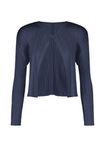 Sure! Here’s a revised sentence using your product data: The MONTHLY COLORS : SEPTEMBER blouse from PLEATS PLEASE ISSEY MIYAKE features long sleeves, a navy blue hue, and a round neckline in a slightly cropped, boxy silhouette. Crafted with vertical and diagonal pleats for added texture and modern flair, it’s the perfect layering piece under your favorite cardigan in gentle or seasonal tones. - NAVY BLUE （no.76）