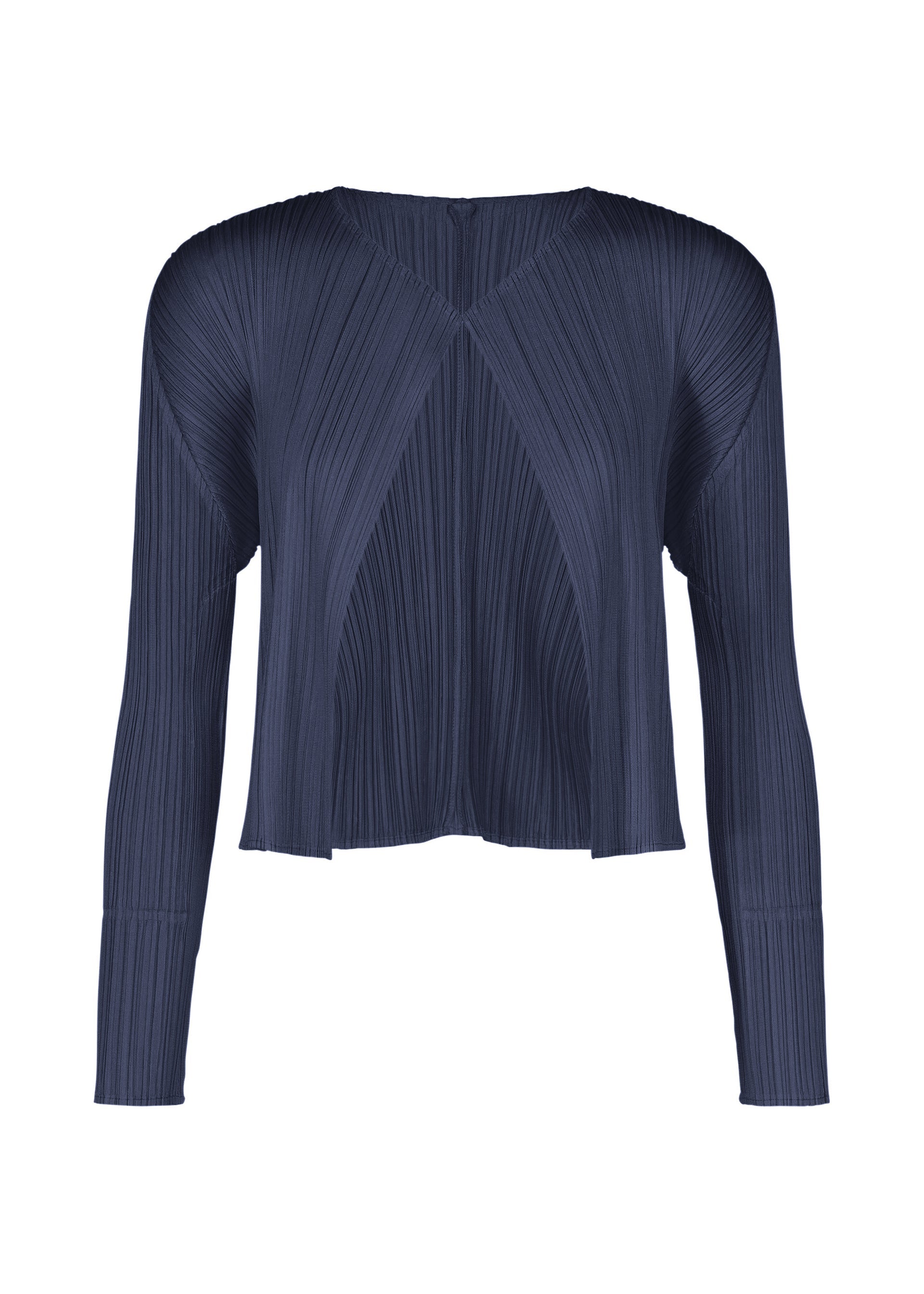 Zoomed view Sure! Here’s a revised sentence using your product data: The MONTHLY COLORS : SEPTEMBER blouse from PLEATS PLEASE ISSEY MIYAKE features long sleeves, a navy blue hue, and a round neckline in a slightly cropped, boxy silhouette. Crafted with vertical and diagonal pleats for added texture and modern flair, it’s the perfect layering piece under your favorite cardigan in gentle or seasonal tones. - NAVY BLUE （no.76）