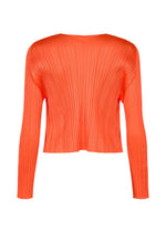 The MONTHLY COLORS : SEPTEMBER blouse by PLEATS PLEASE ISSEY MIYAKE is a bright orange, long-sleeve top featuring the brand’s signature pleated texture and a loose fit, shown from the back against a white background—a vibrant addition that brings seasonal color to your wardrobe.