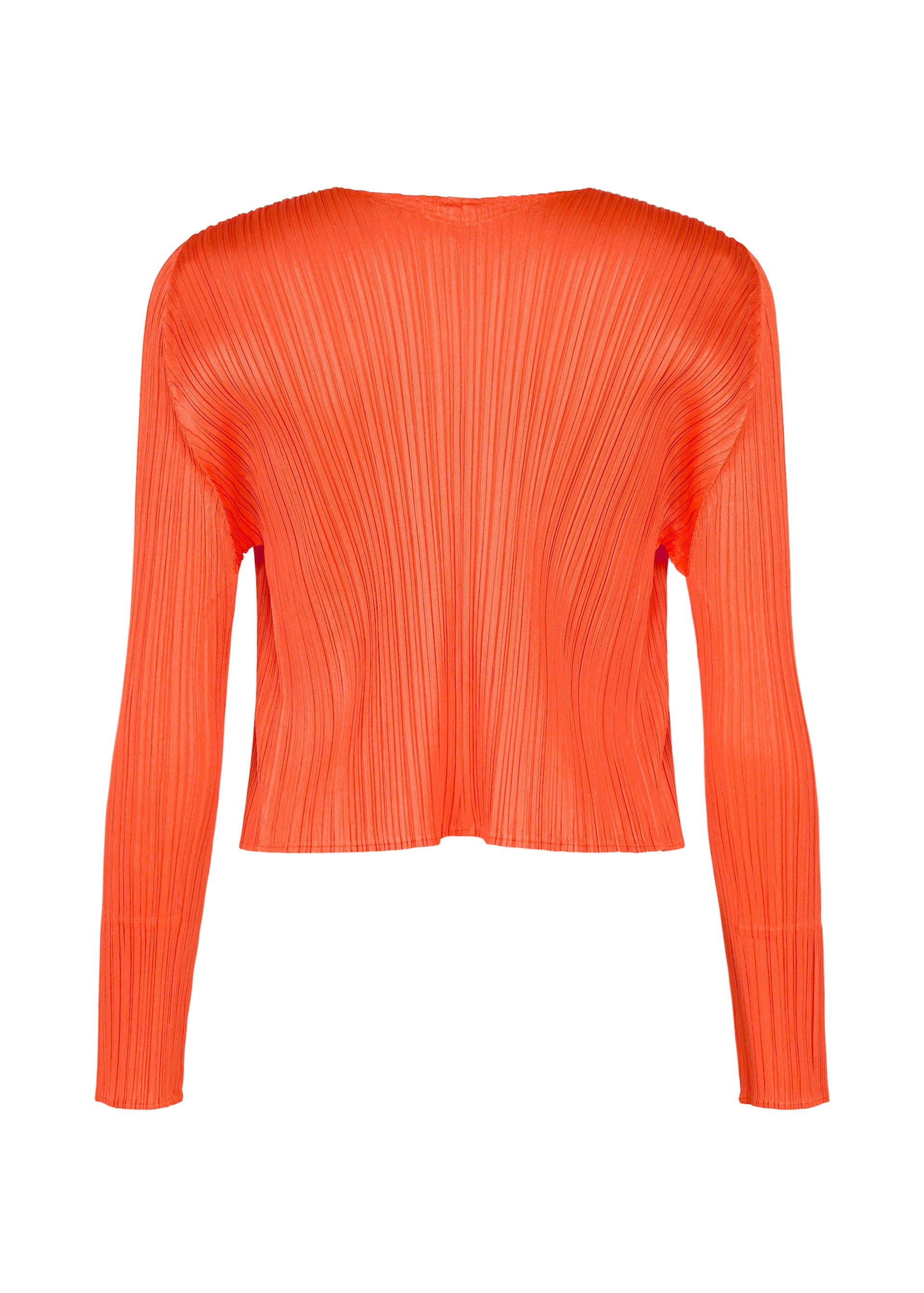 Zoomed view The MONTHLY COLORS : SEPTEMBER blouse by PLEATS PLEASE ISSEY MIYAKE is a bright orange, long-sleeve top featuring the brand’s signature pleated texture and a loose fit, shown from the back against a white background—a vibrant addition that brings seasonal color to your wardrobe.