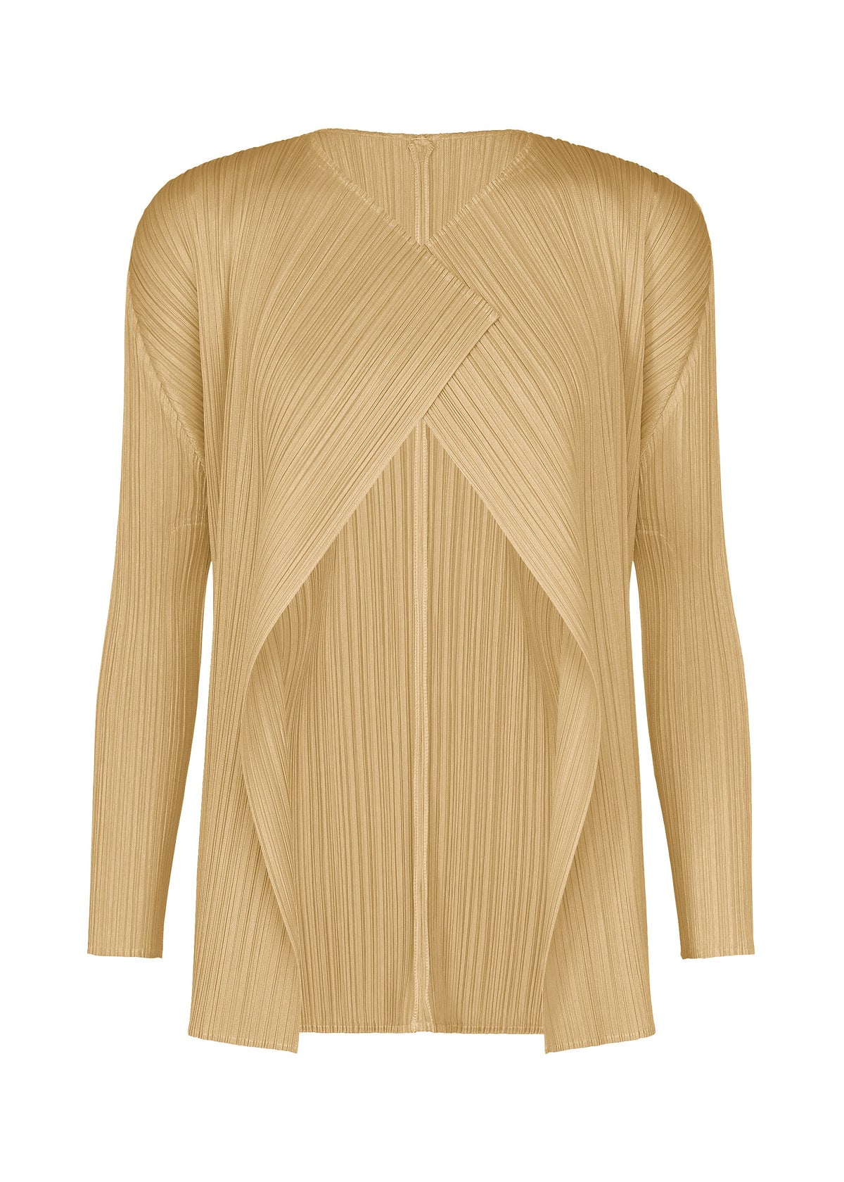 The MONTHLY COLORS : OCTOBER by PLEATS PLEASE ISSEY MIYAKE is a beige, long-sleeve pleated open-front cardigan with a crisscross layered front—ideal for effortless layering, shown on a white background. view 1 of 10