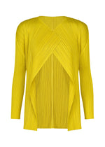 The MONTHLY COLORS : OCTOBER by PLEATS PLEASE ISSEY MIYAKE is a bright yellow, long-sleeve top with vertical pleats and a layered crisscross front, featuring a textured, structured look. Perfect for layering. - YELLOW OCHER （no.55）