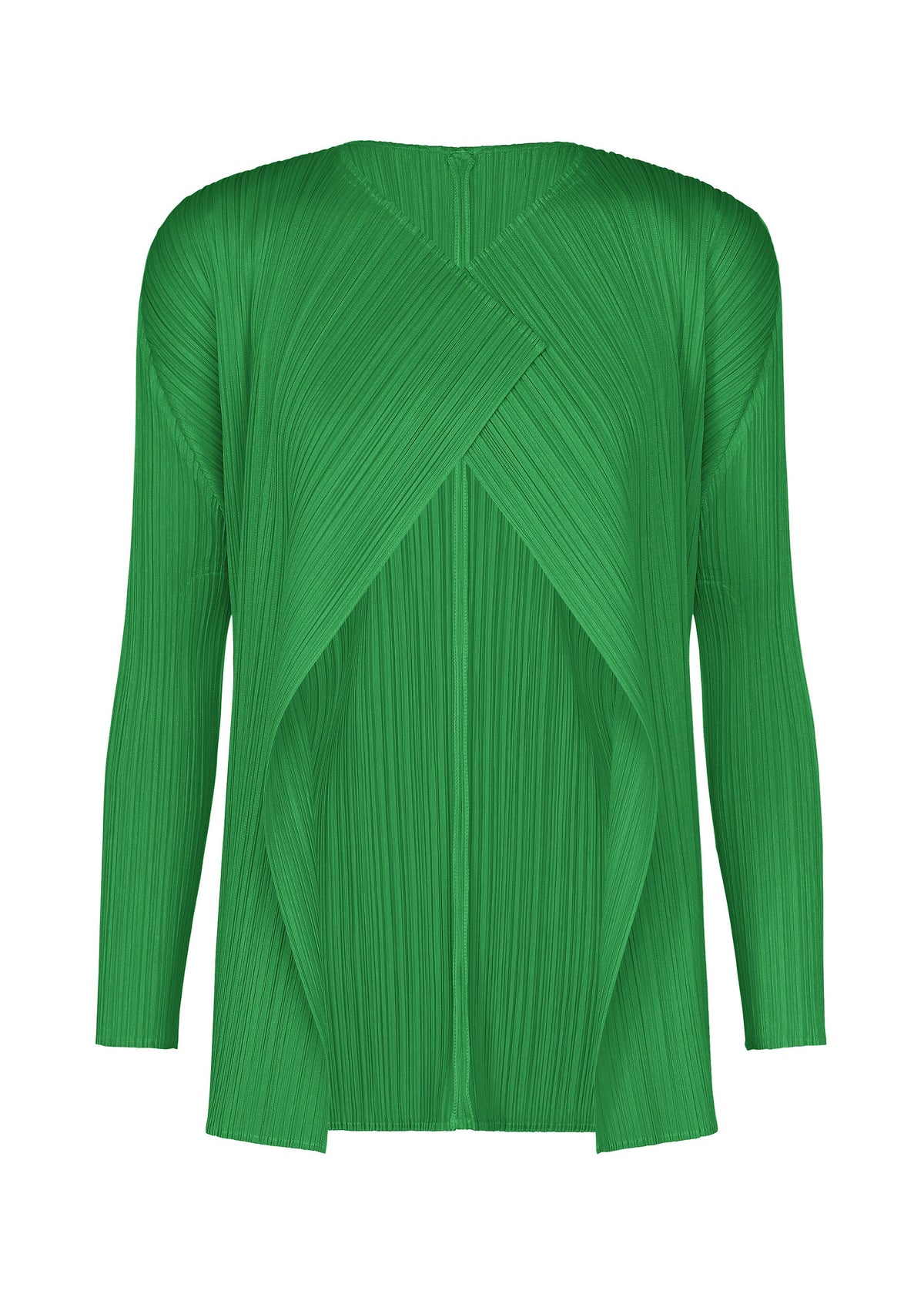 The MONTHLY COLORS : OCTOBER by PLEATS PLEASE ISSEY MIYAKE is a bright green, long-sleeved pleated top with a layered front and crinkled texture—perfect as a modern cardigan alternative. view 3 of 10