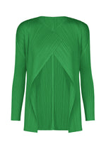 The MONTHLY COLORS : OCTOBER by PLEATS PLEASE ISSEY MIYAKE is a bright green, long-sleeved pleated top with a layered front and crinkled texture—perfect as a modern cardigan alternative. - GREEN （no.62）