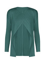 The MONTHLY COLORS : OCTOBER by PLEATS PLEASE ISSEY MIYAKE is a teal pleated, long-sleeve jacket with overlapping front and draped open panels, ideal for layering or wearing as a chic cardigan. - BLUE GREEN （no.64）