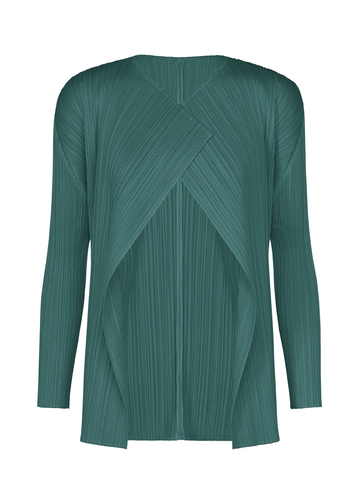 Zoomed view The MONTHLY COLORS : OCTOBER by PLEATS PLEASE ISSEY MIYAKE is a teal pleated, long-sleeve jacket with overlapping front and draped open panels, ideal for layering or wearing as a chic cardigan. - BLUE GREEN （no.64）