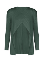The MONTHLY COLORS : OCTOBER by PLEATS PLEASE ISSEY MIYAKE is a dark green, long-sleeve pleated top with X-shaped overlapping panels and a crinkled, open front—ideal for stylish layering. - DARK GREEN （no.69）
