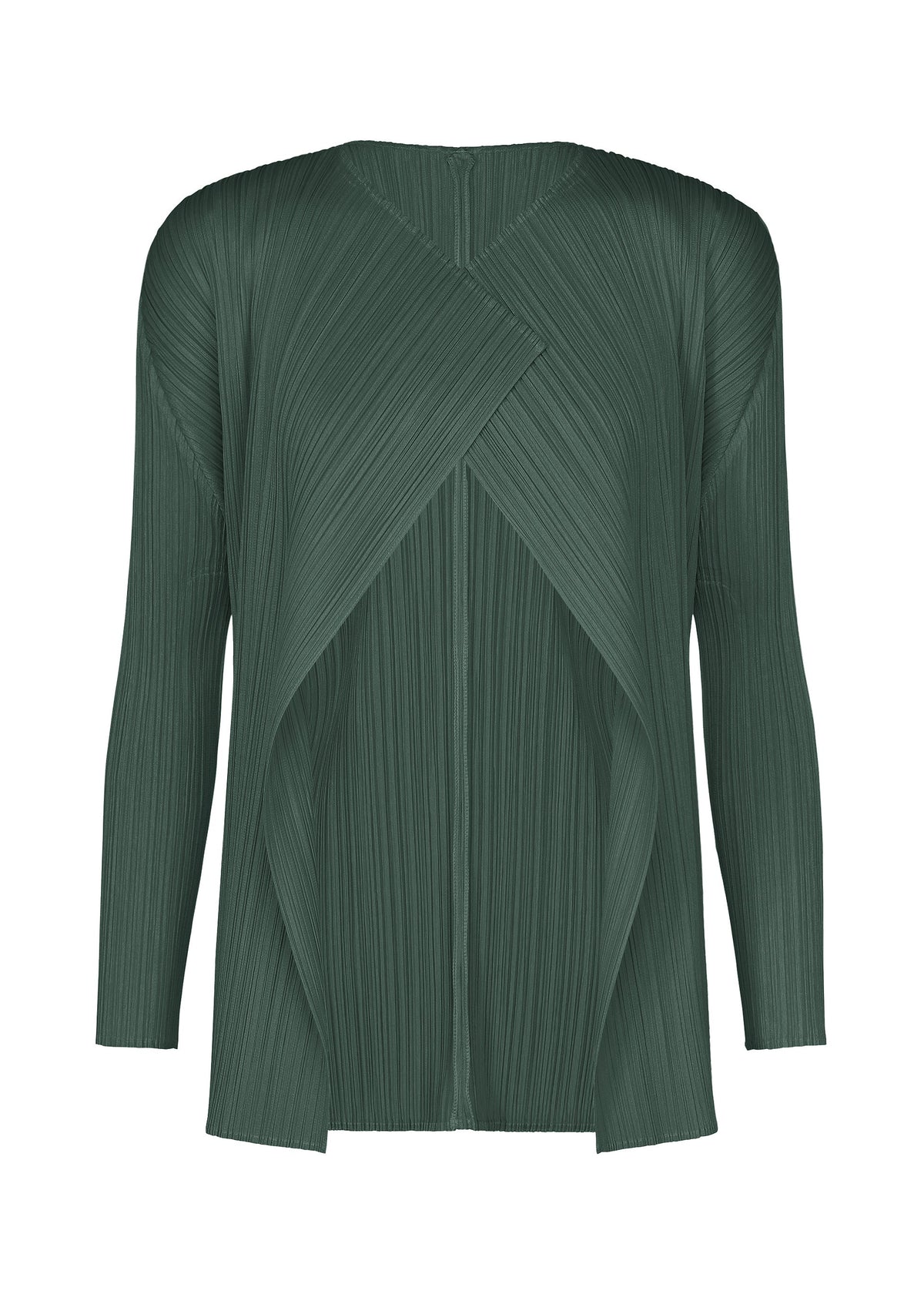 Zoomed view The MONTHLY COLORS : OCTOBER by PLEATS PLEASE ISSEY MIYAKE is a dark green, long-sleeve pleated top with X-shaped overlapping panels and a crinkled, open front—ideal for stylish layering. - DARK GREEN （no.69）