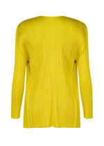 The MONTHLY COLORS : OCTOBER by PLEATS PLEASE ISSEY MIYAKE is a bright yellow, long-sleeved, pleated cardigan with a relaxed fit, shown from the back against a white background.