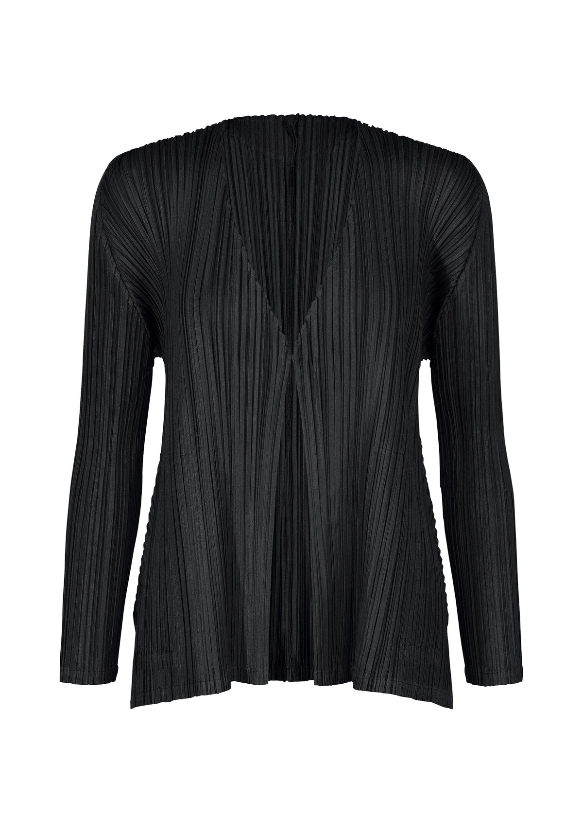 The MELLOW PLEATS blouse by PLEATS PLEASE ISSEY MIYAKE is a black long-sleeve top featuring vertical pleats, a deep V-neckline, and soft textured fabric for a luxurious feel. Designed with a loose, flowy fit, slightly flared hem, and practical pockets, it effortlessly combines elegance and convenience. view 1 of 9