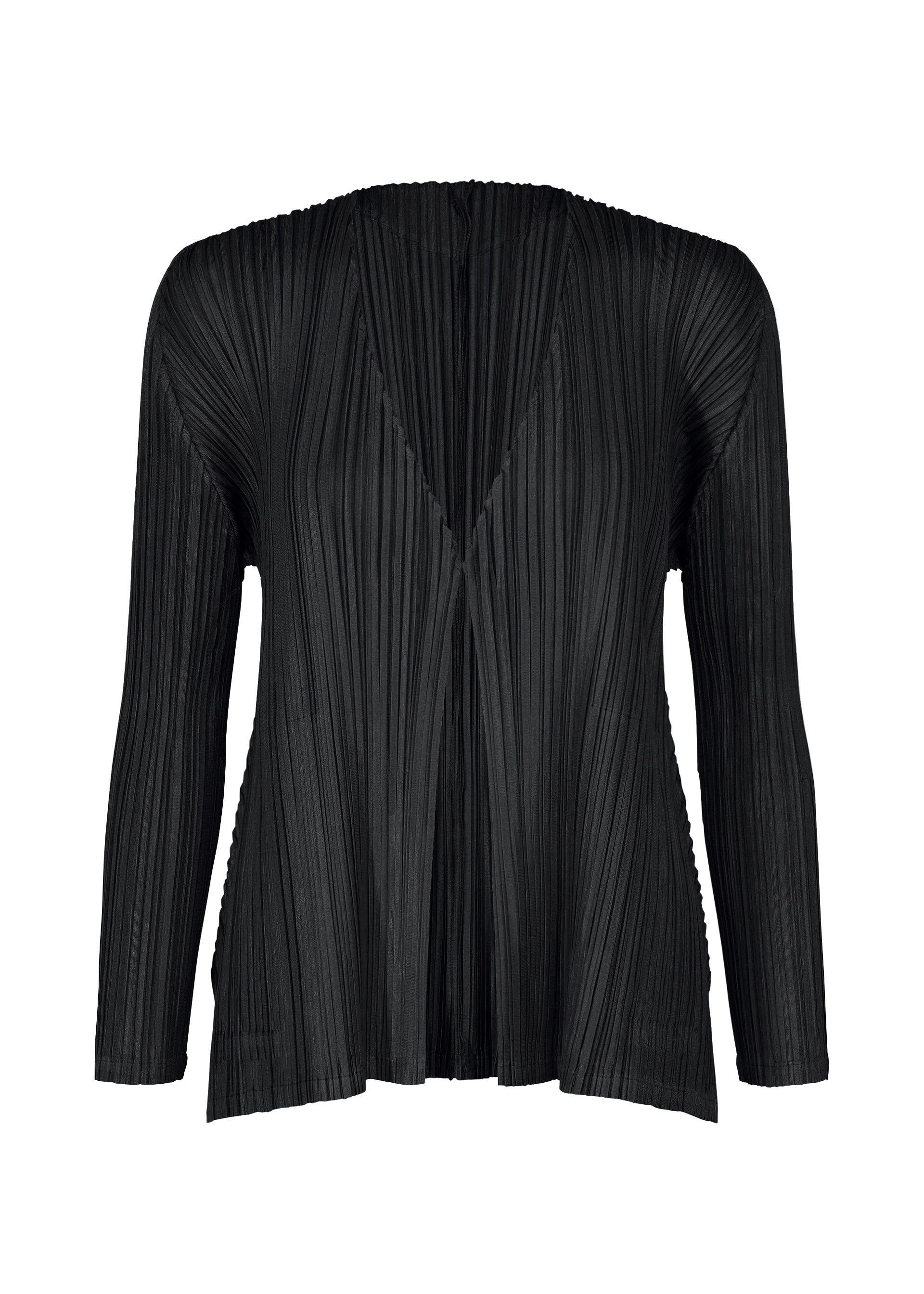 Zoomed view The MELLOW PLEATS blouse by PLEATS PLEASE ISSEY MIYAKE is a black long-sleeve top featuring vertical pleats, a deep V-neckline, and soft textured fabric for a luxurious feel. Designed with a loose, flowy fit, slightly flared hem, and practical pockets, it effortlessly combines elegance and convenience. - BLACK （no.15）