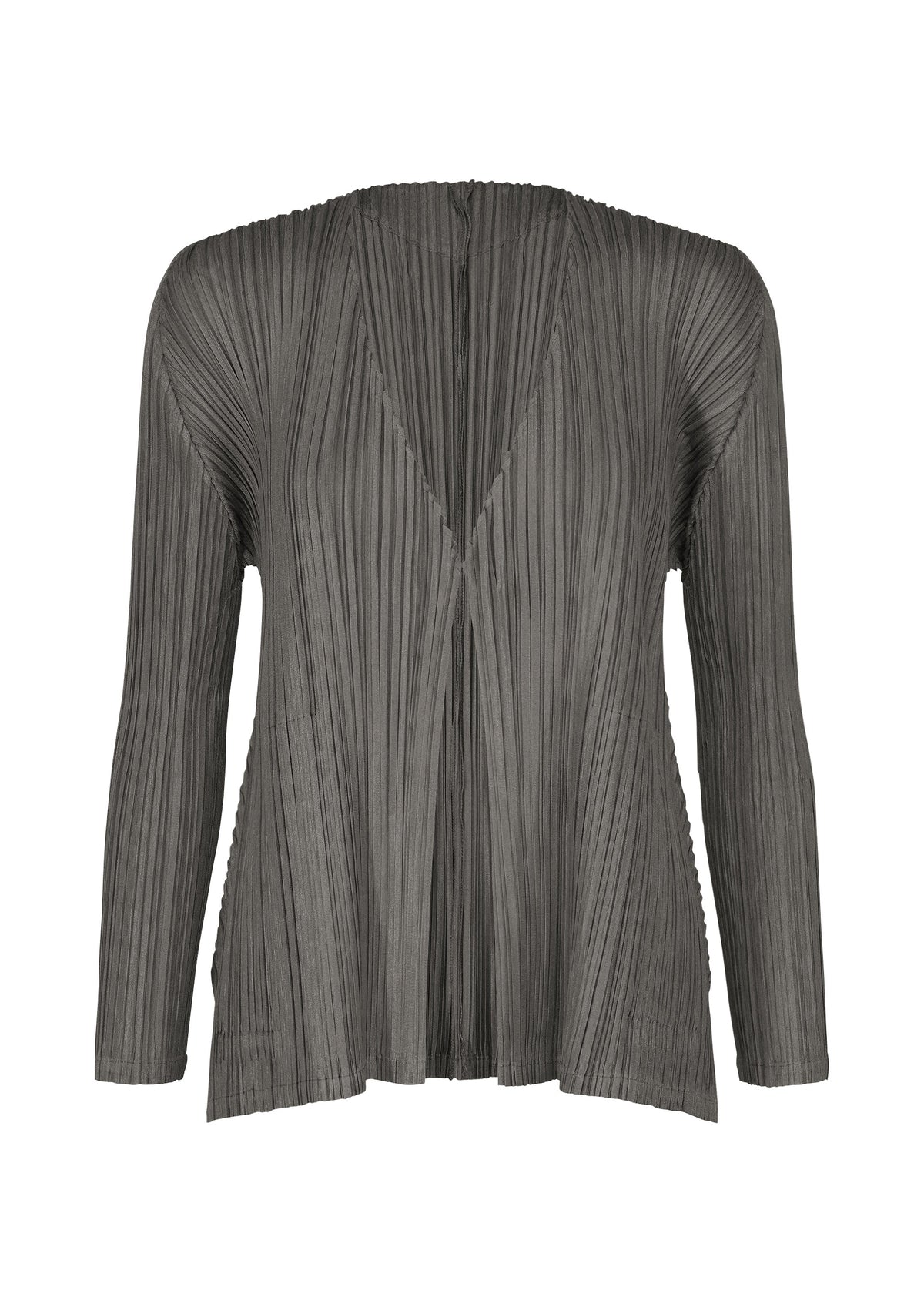 The MELLOW PLEATS cardigan by PLEATS PLEASE ISSEY MIYAKE is a long-sleeved, charcoal gray piece crafted from soft-textured fabric, featuring delicate pleats, an open front with a subtle V-neckline, and convenient pockets. view 2 of 9