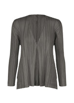 The MELLOW PLEATS cardigan by PLEATS PLEASE ISSEY MIYAKE is a long-sleeved, charcoal gray piece crafted from soft-textured fabric, featuring delicate pleats, an open front with a subtle V-neckline, and convenient pockets. - CHARCOAL （no.17）